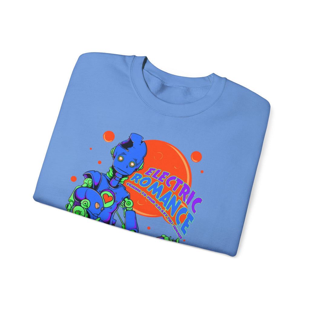 Electric Romance Crewneck Sweatshirt — Neon Retro Robot Graphic