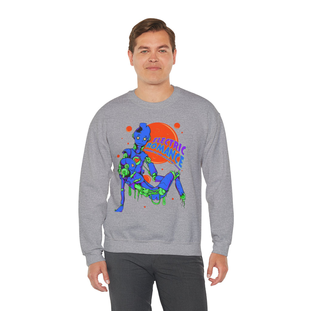 Electric Romance Crewneck Sweatshirt — Neon Retro Robot Graphic