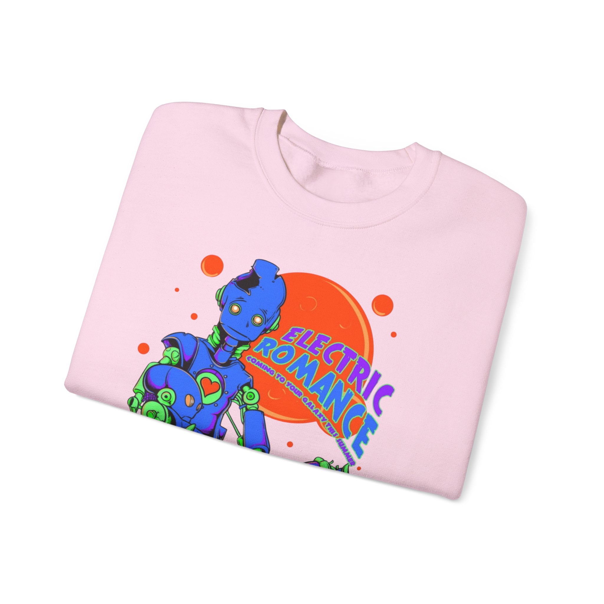 Electric Romance Crewneck Sweatshirt — Neon Retro Robot Graphic