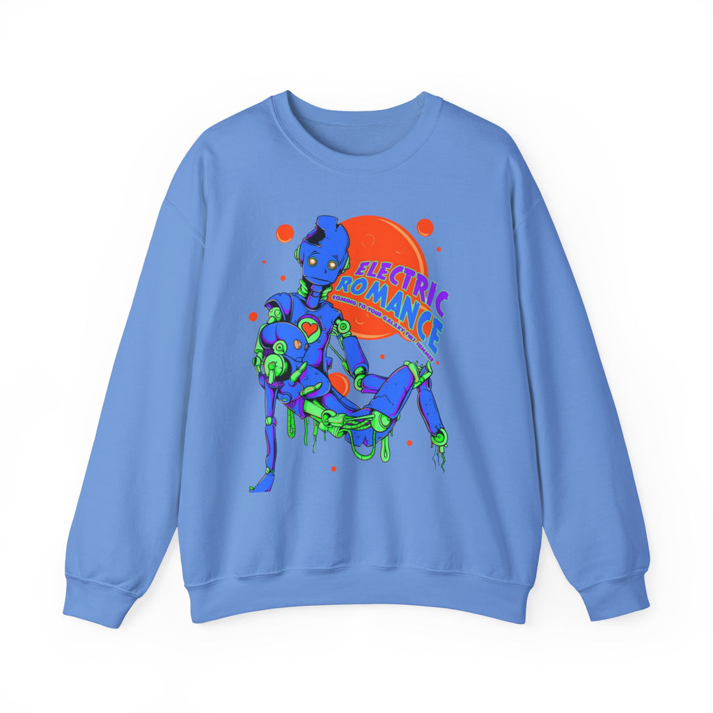 Electric Romance Crewneck Sweatshirt — Neon Retro Robot Graphic