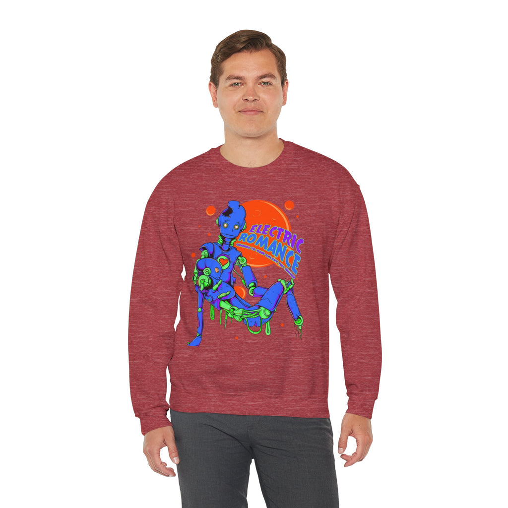 Electric Romance Crewneck Sweatshirt — Neon Retro Robot Graphic