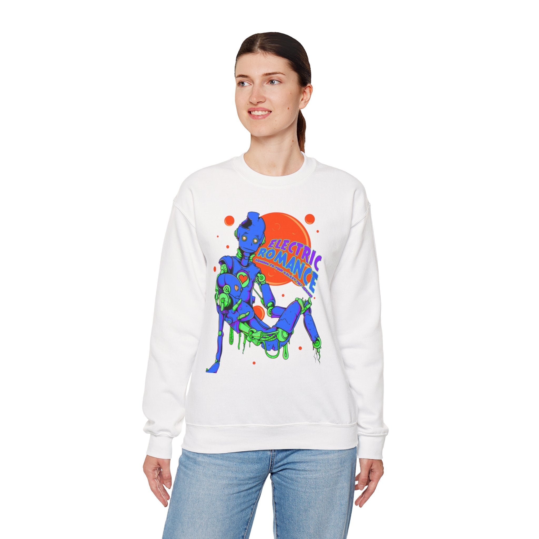 Electric Romance Crewneck Sweatshirt — Neon Retro Robot Graphic