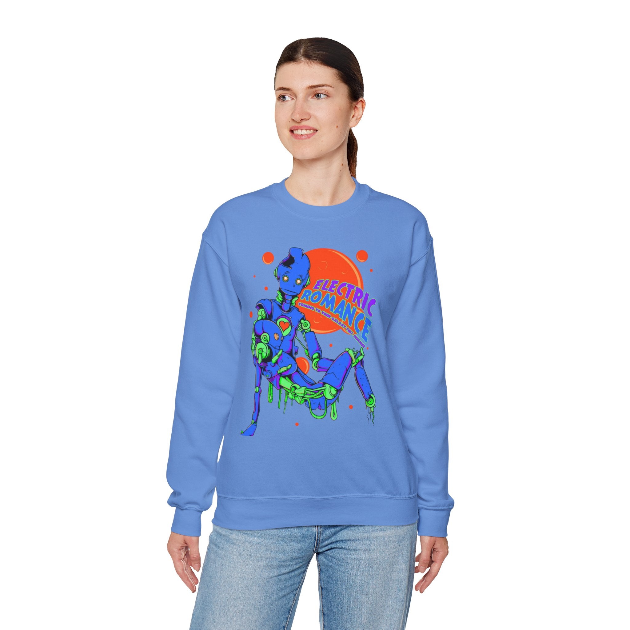 Electric Romance Crewneck Sweatshirt — Neon Retro Robot Graphic