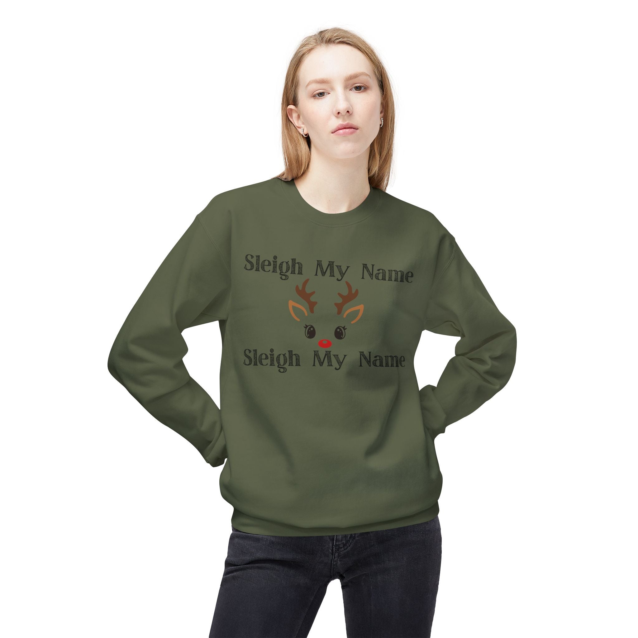 Sleigh My Name Christmas Crewneck Sweatshirt — Reindeer Face Holiday Pullover