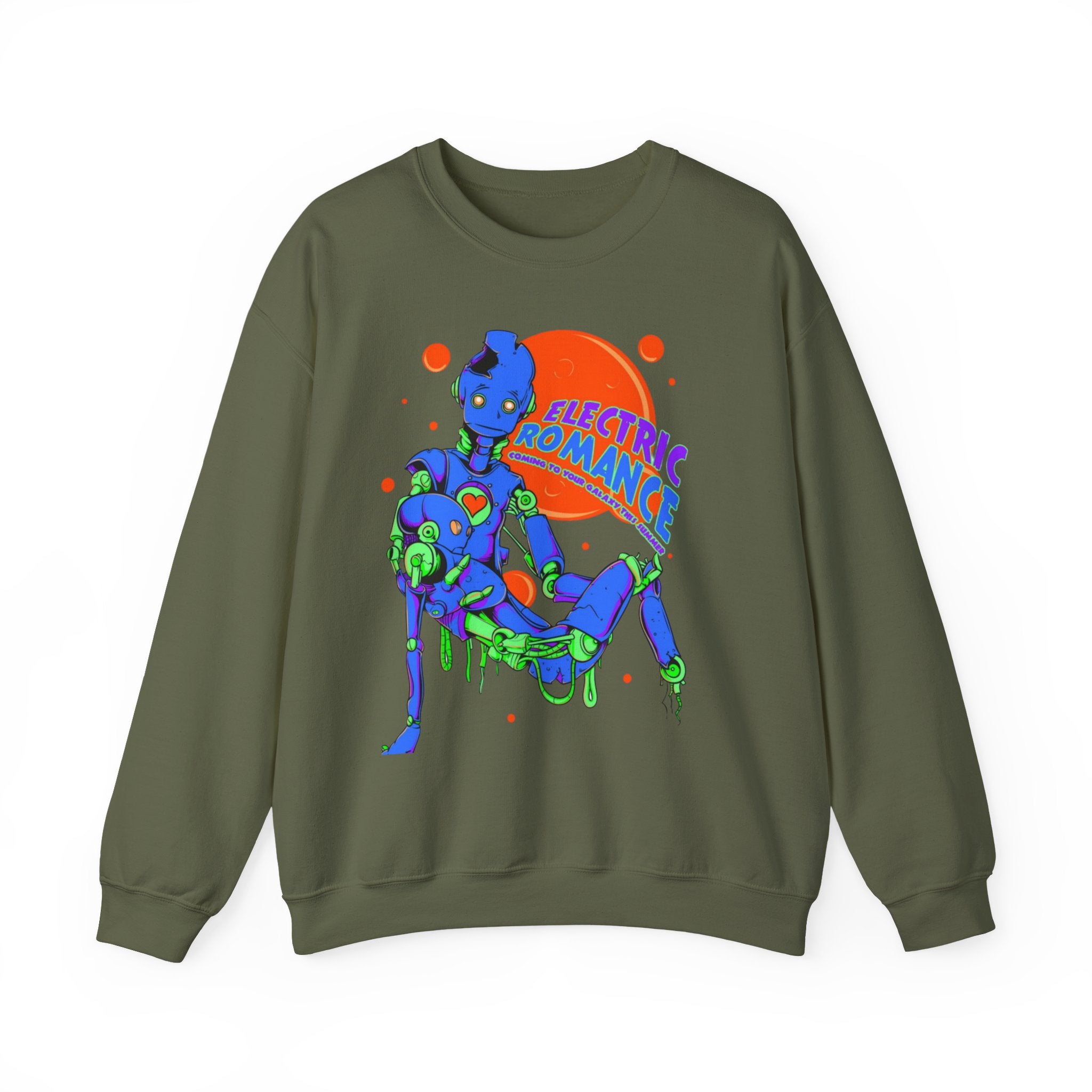 Electric Romance Crewneck Sweatshirt — Neon Retro Robot Graphic