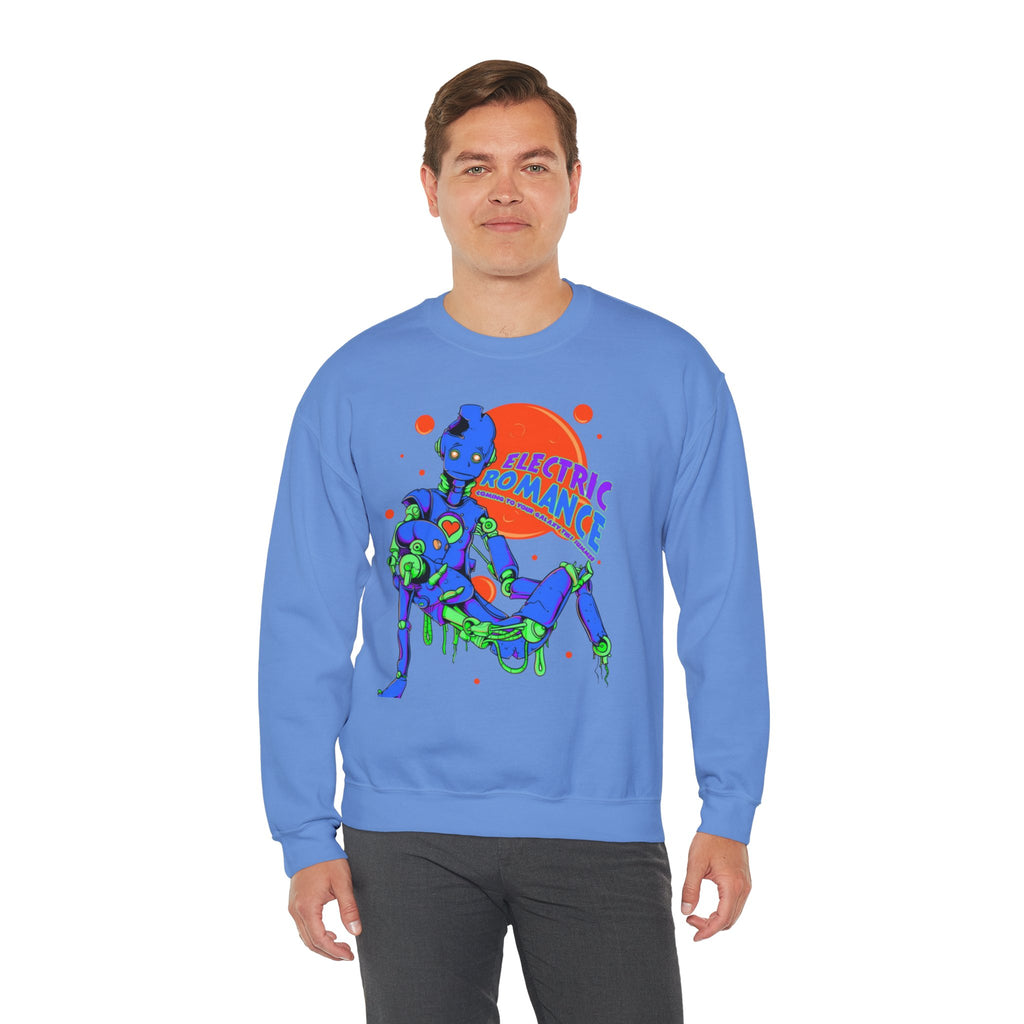 Electric Romance Crewneck Sweatshirt — Neon Retro Robot Graphic