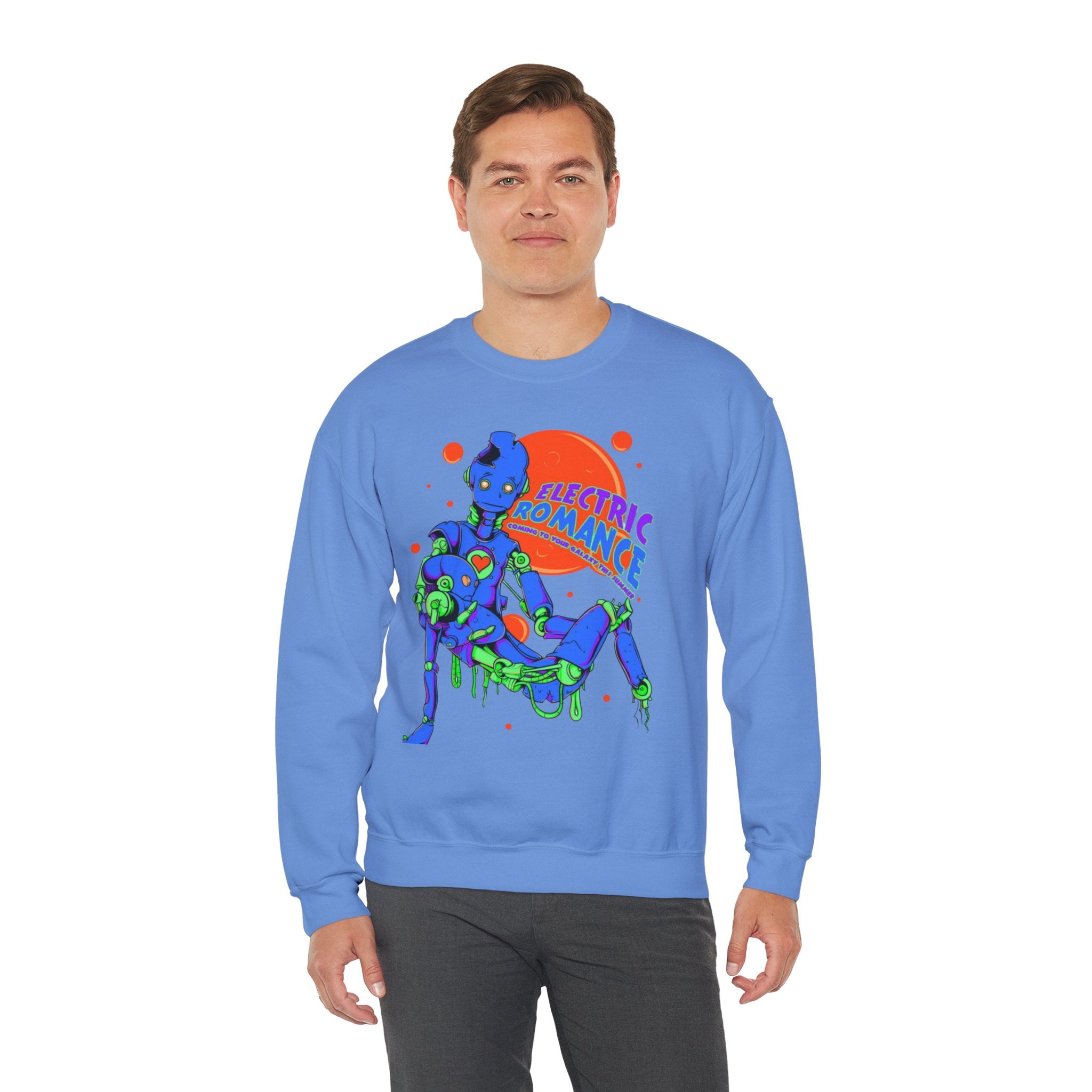 Electric Romance Crewneck Sweatshirt — Neon Retro Robot Graphic