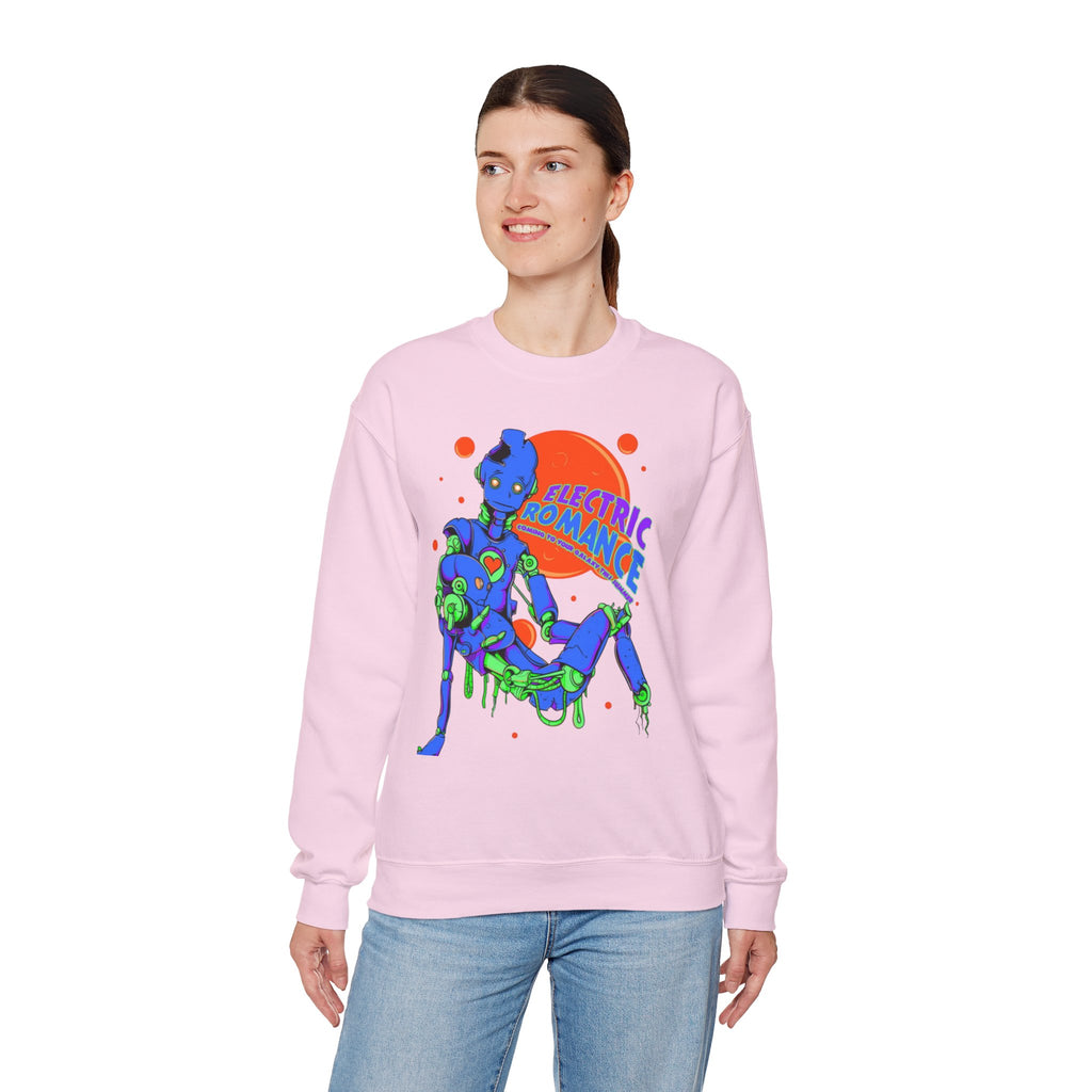 Electric Romance Crewneck Sweatshirt — Neon Retro Robot Graphic
