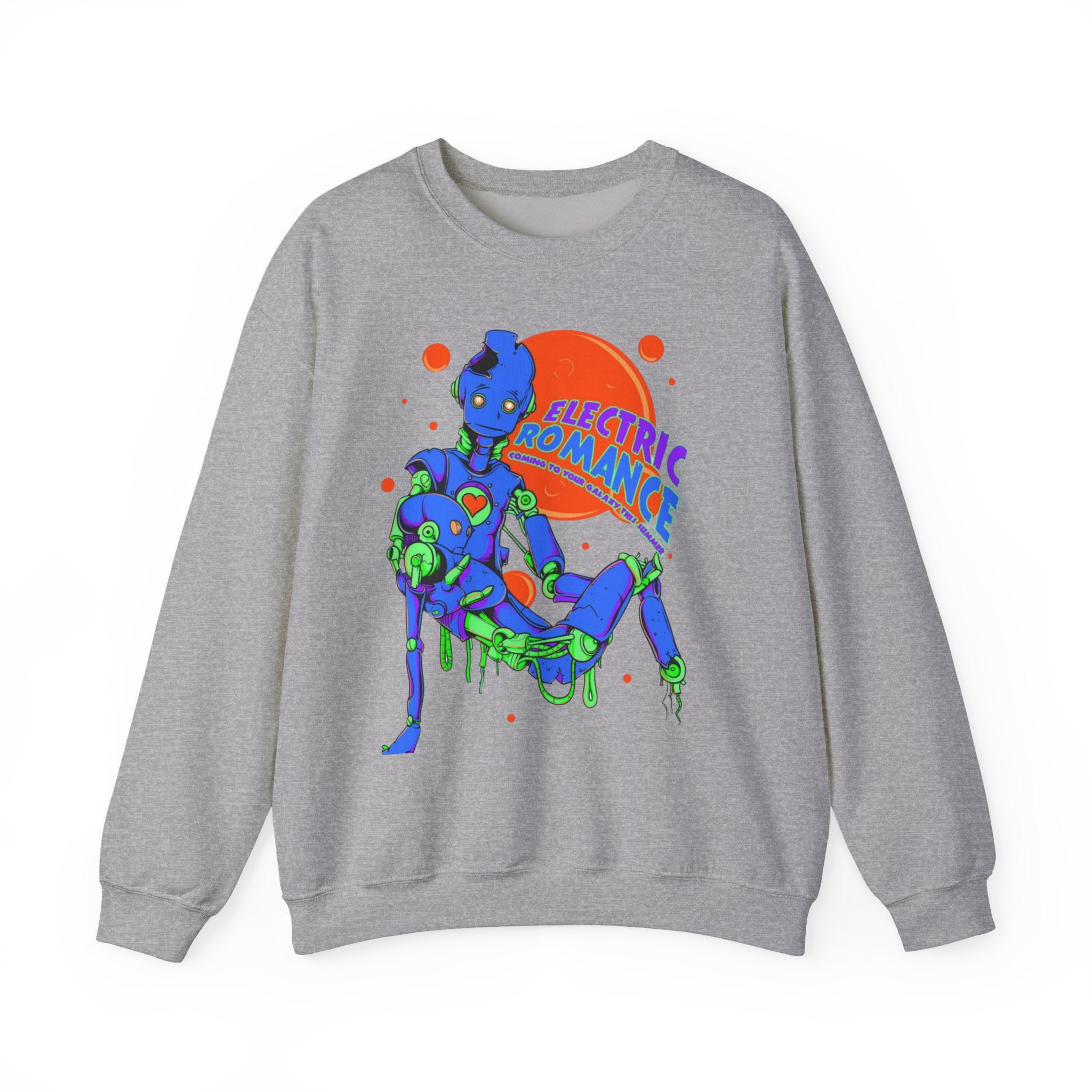 Electric Romance Crewneck Sweatshirt — Neon Retro Robot Graphic