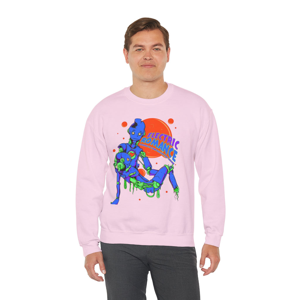 Electric Romance Crewneck Sweatshirt — Neon Retro Robot Graphic