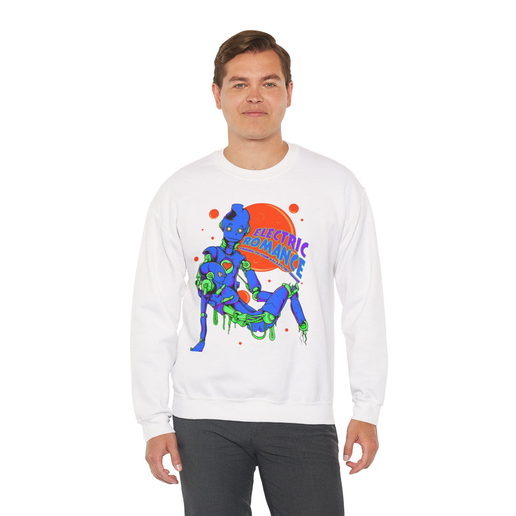 Electric Romance Crewneck Sweatshirt — Neon Retro Robot Graphic