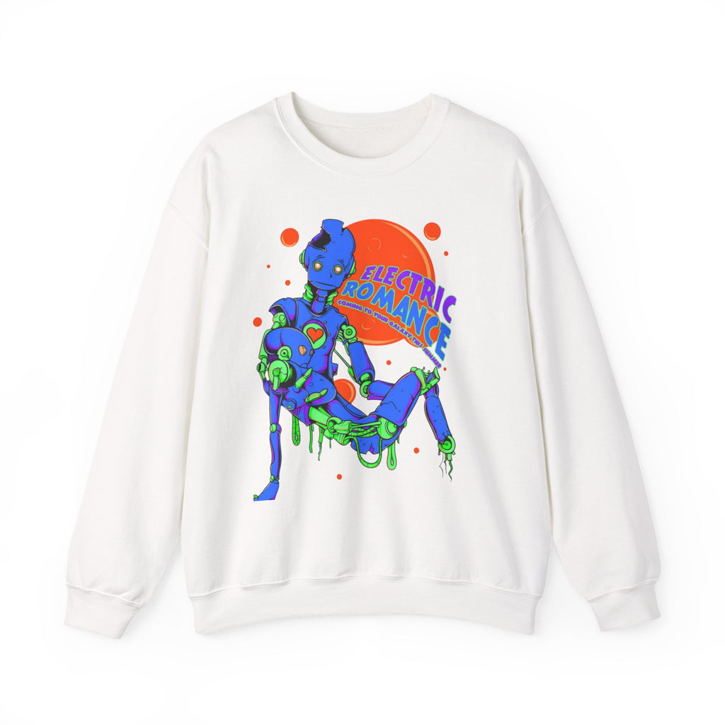 Electric Romance Crewneck Sweatshirt — Neon Retro Robot Graphic