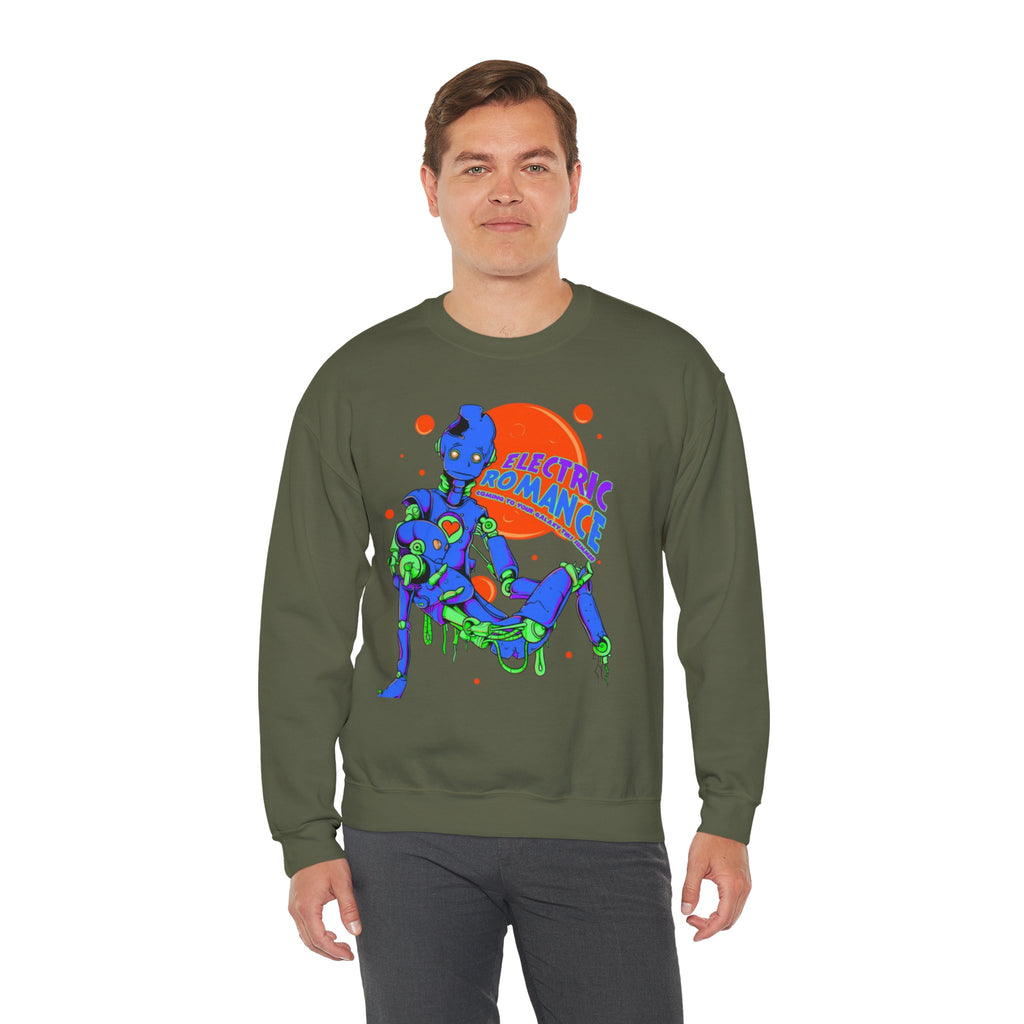 Electric Romance Crewneck Sweatshirt — Neon Retro Robot Graphic
