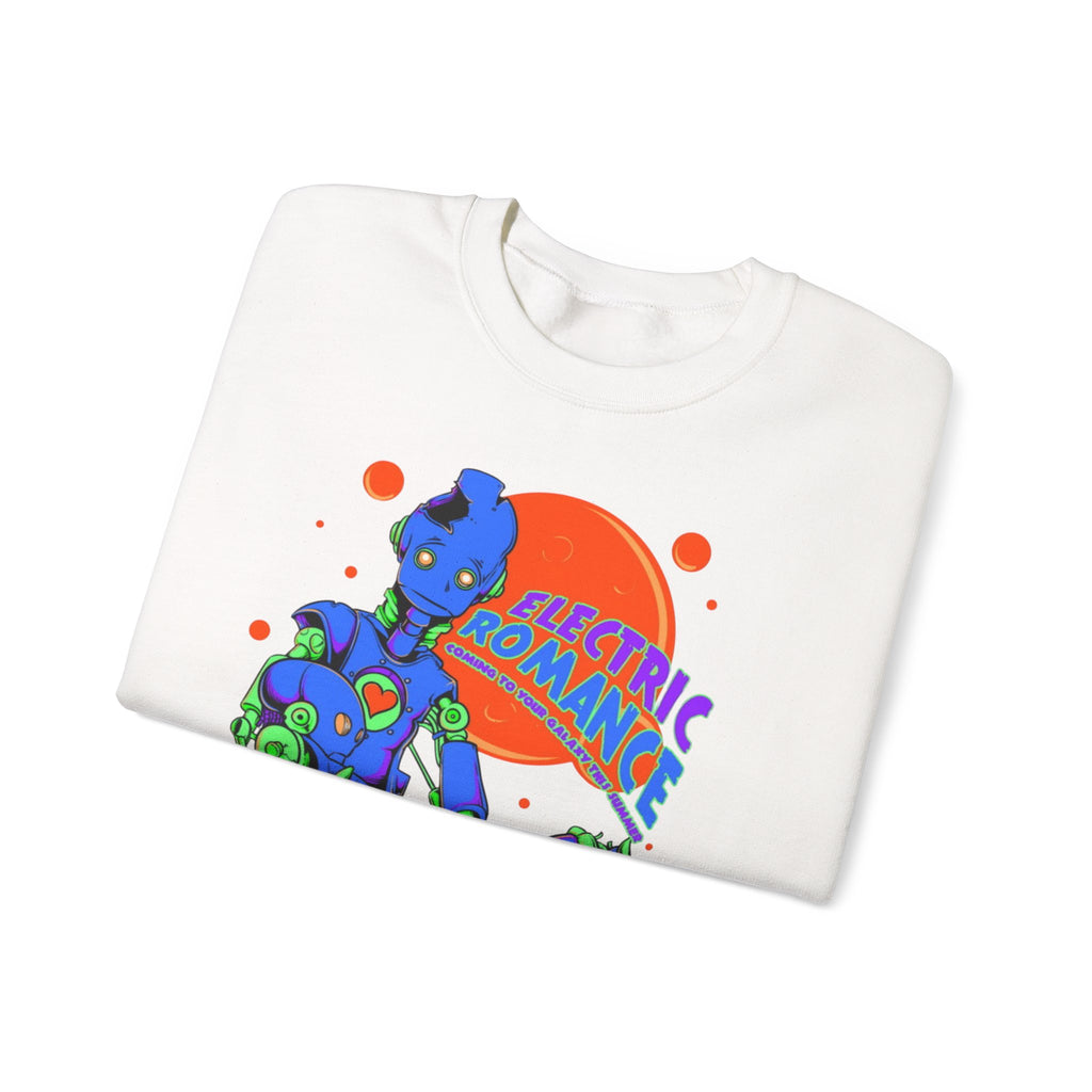 Electric Romance Crewneck Sweatshirt — Neon Retro Robot Graphic