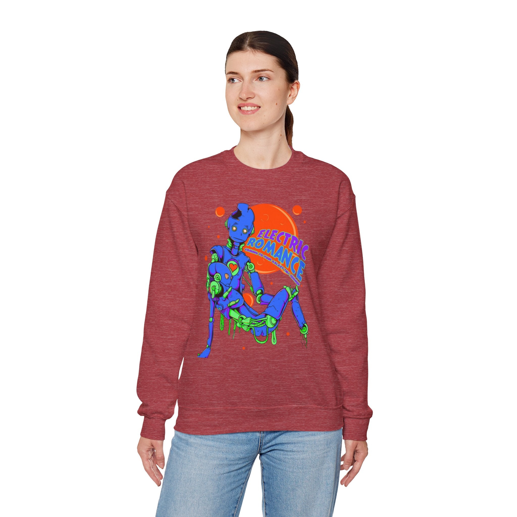 Electric Romance Crewneck Sweatshirt — Neon Retro Robot Graphic