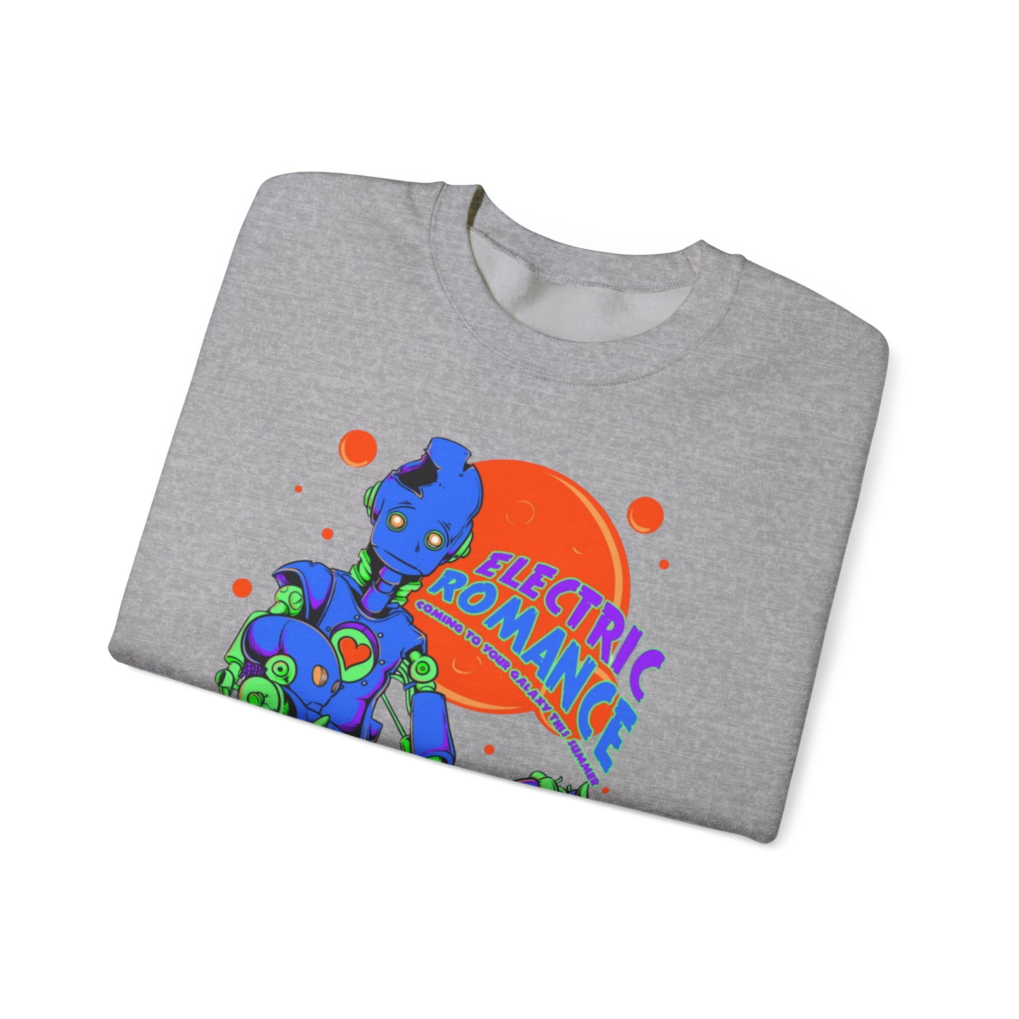 Electric Romance Crewneck Sweatshirt — Neon Retro Robot Graphic