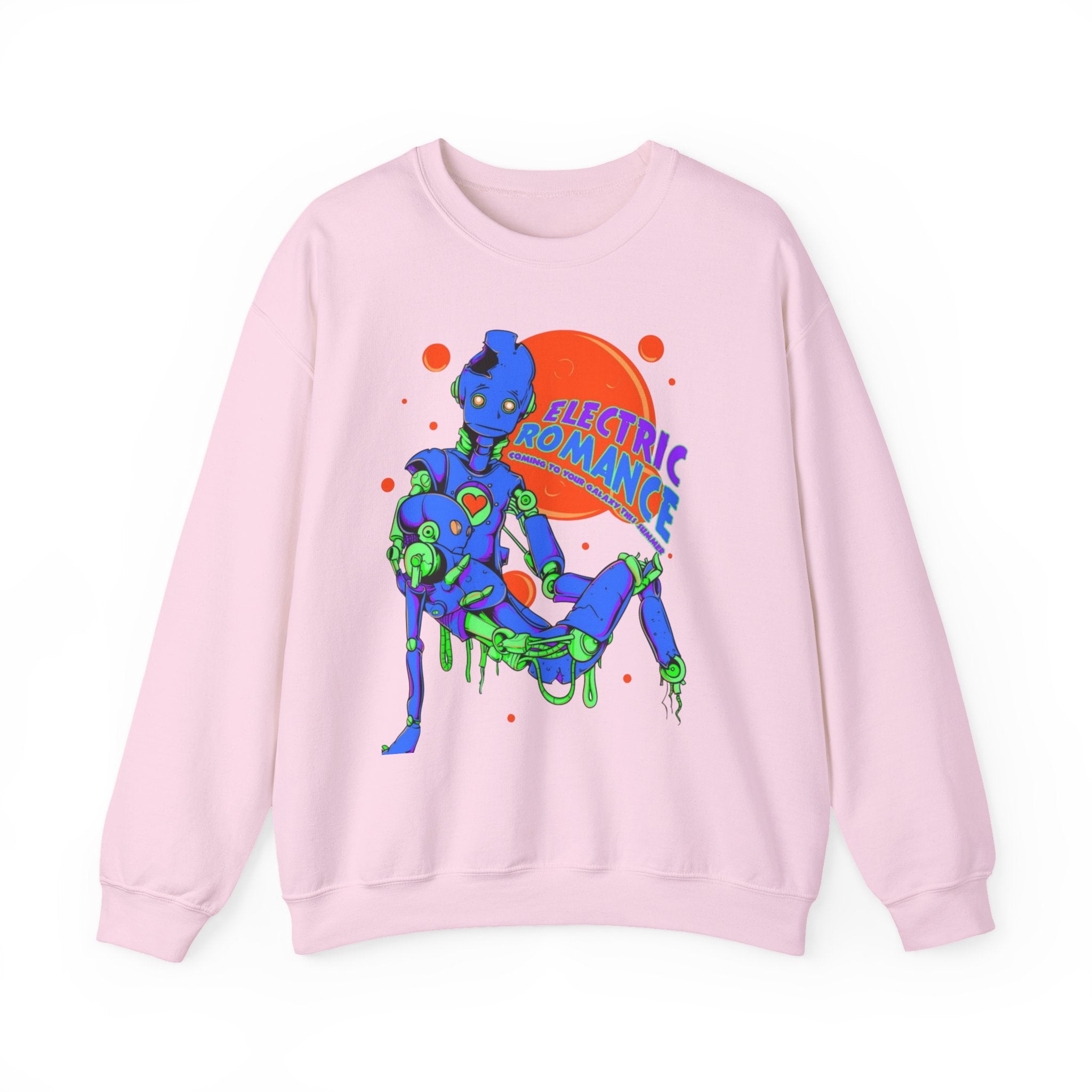 Electric Romance Crewneck Sweatshirt — Neon Retro Robot Graphic