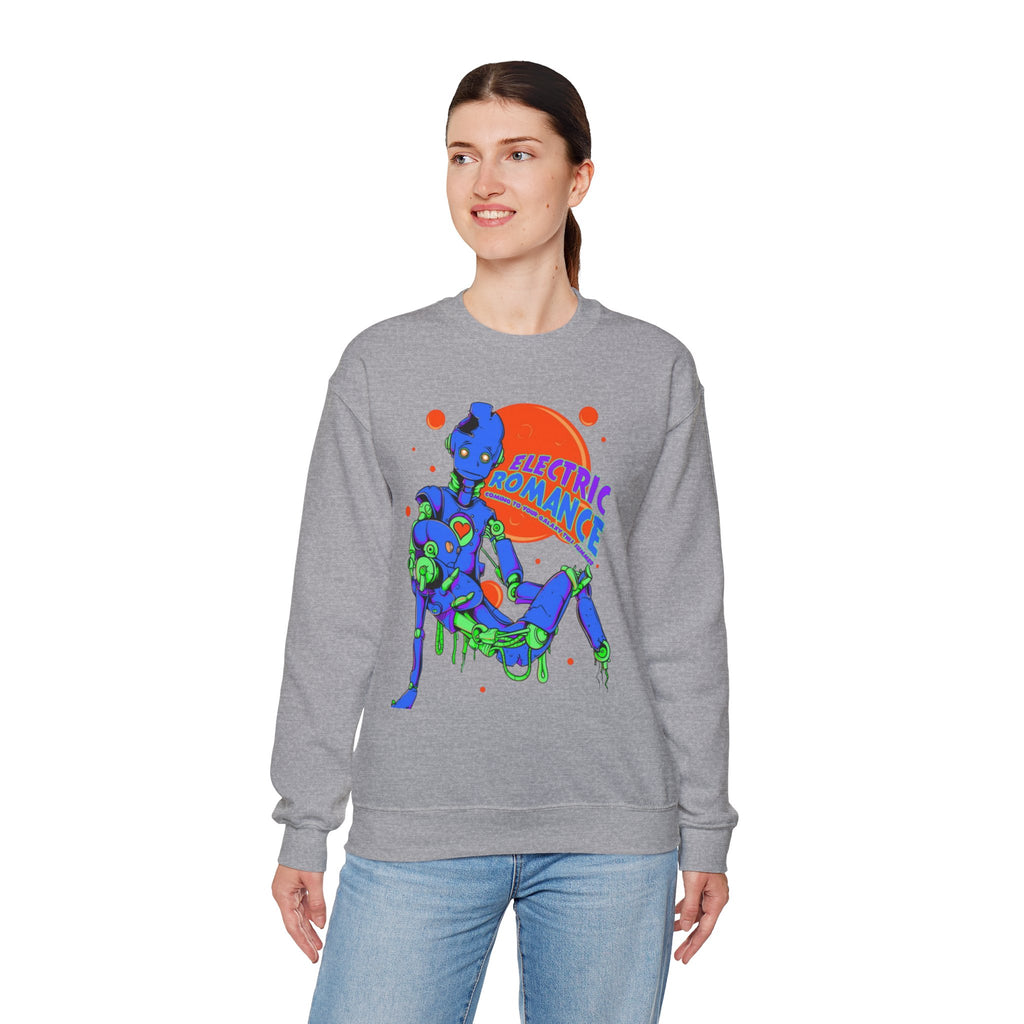 Electric Romance Crewneck Sweatshirt — Neon Retro Robot Graphic