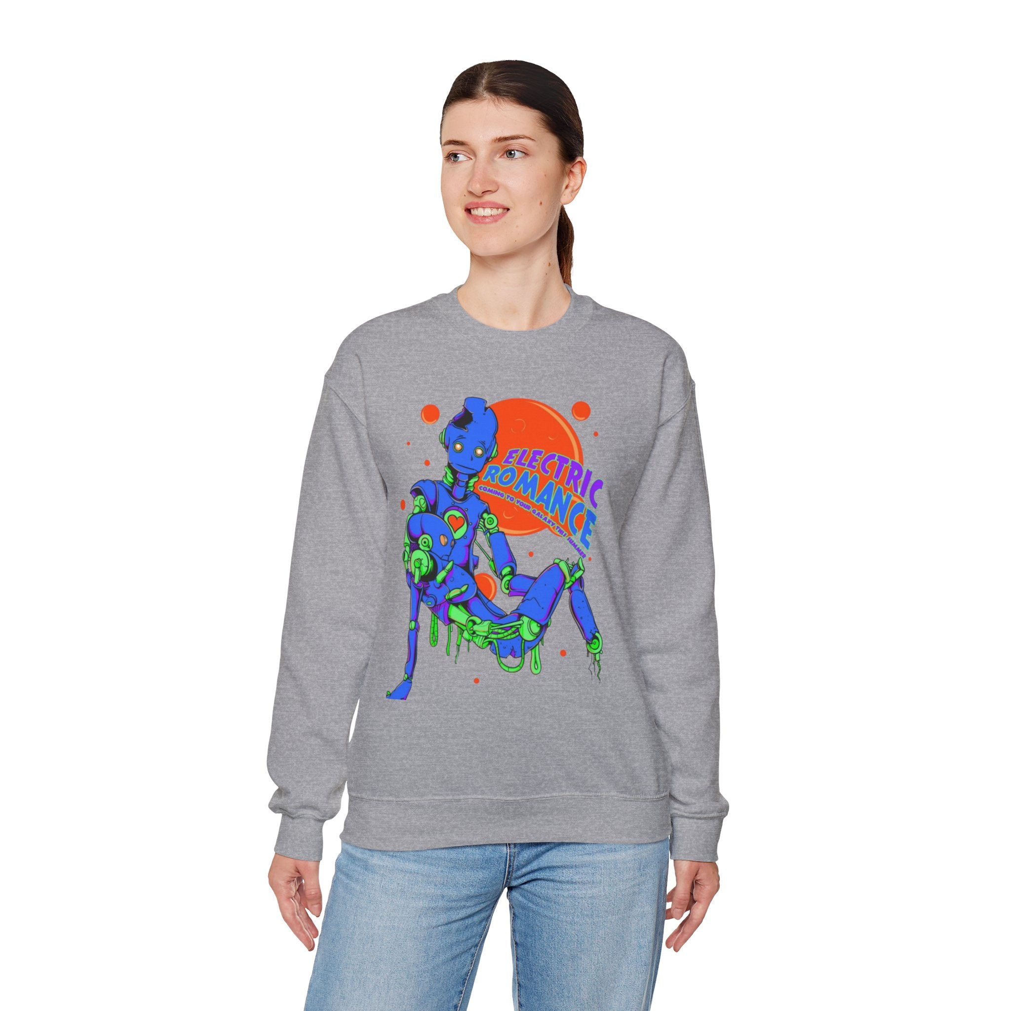 Electric Romance Crewneck Sweatshirt — Neon Retro Robot Graphic