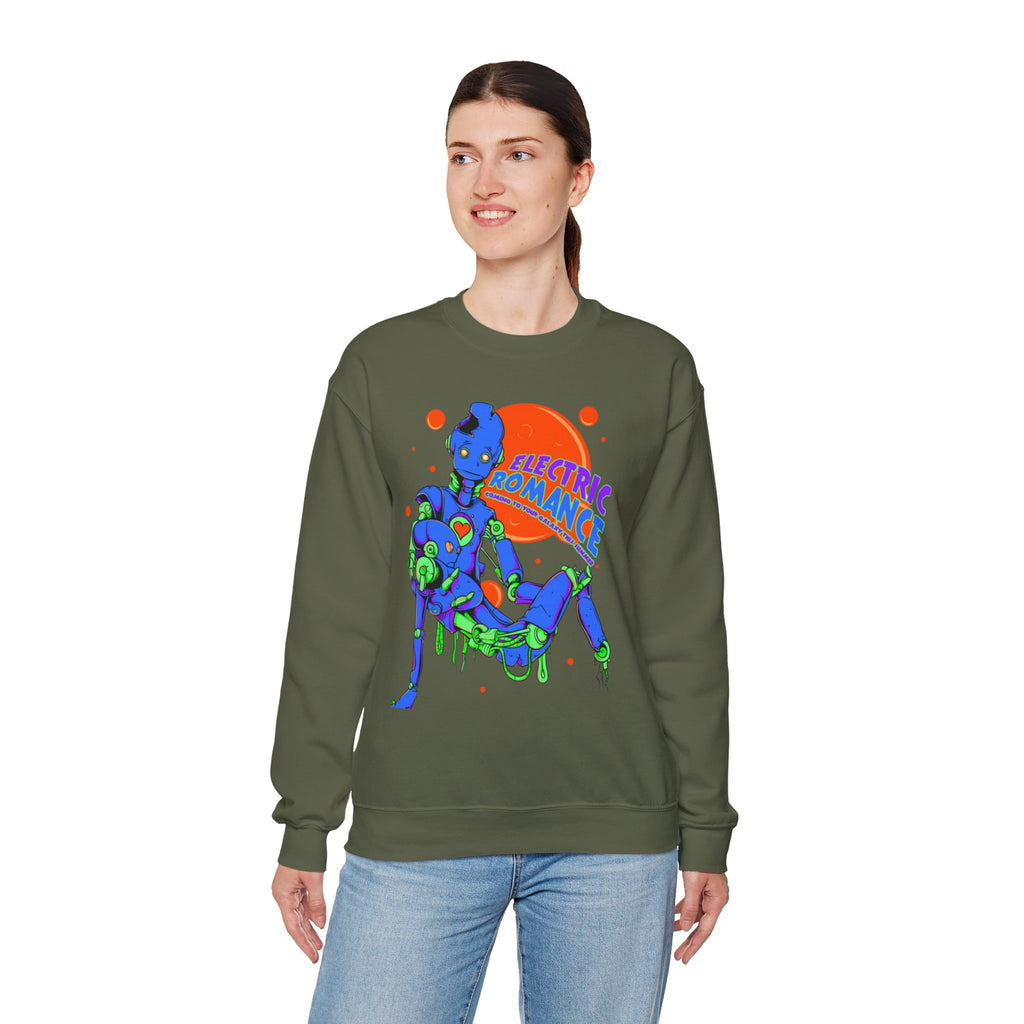 Electric Romance Crewneck Sweatshirt — Neon Retro Robot Graphic