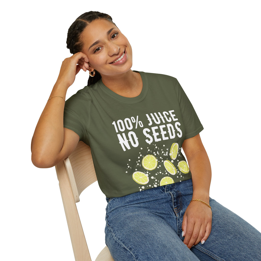 100% Juice No Seeds Lemon T-Shirt — Funny Fruit Graphic Tee