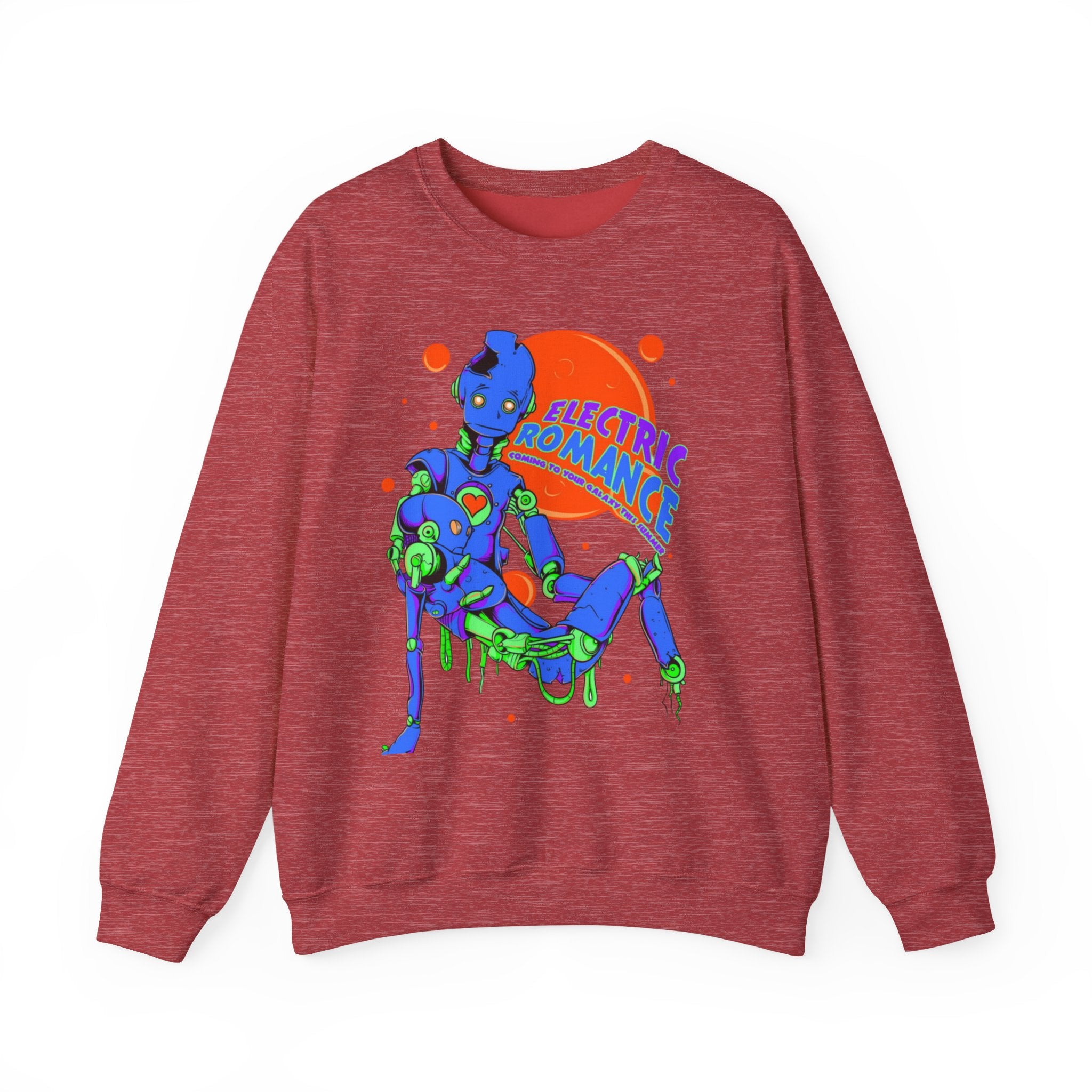 Electric Romance Crewneck Sweatshirt — Neon Retro Robot Graphic
